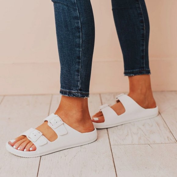 NEW Adjustable Double Buckled Straps Comfy Slip On Slides Slippers Sandals White - Picture 6 of 13